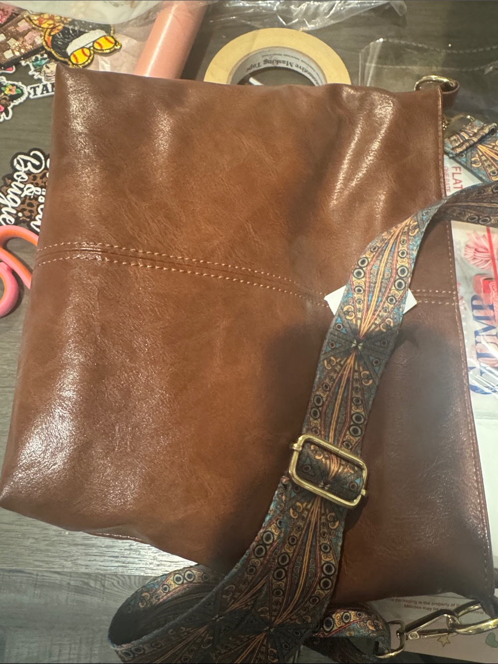 Brown Leather Crossbody Bag with Patterned Strap